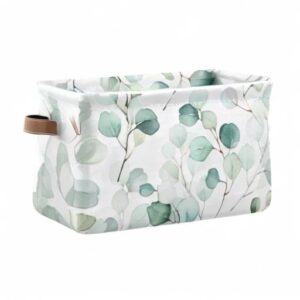 Wamika Leaves Flowers Storage Basket, Green and White Boho Botanical Foldable Storage Bins, 16x12x8 Inches, Durable Canvas Material, Easy to Clean, Collapsible for Space-Saving Storage