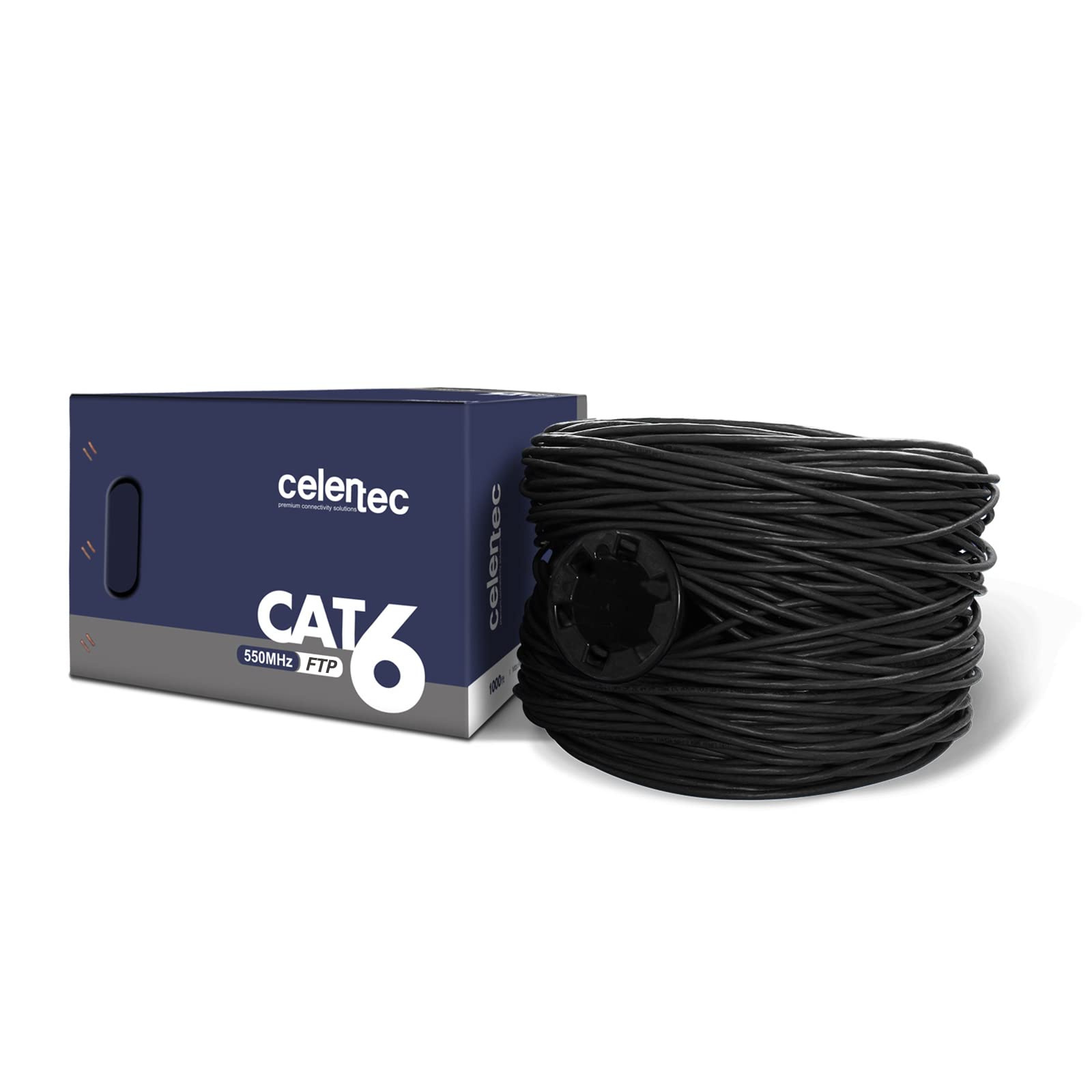 celertec CAT6 Shielded Cable, 500ft, FTP (Overall Foil Shield), 23AWG Solid Bare Copper, 550MHz, ETL Listed &CMR Riser Rated, Indoor, Bulk Ethernet Cable, Black