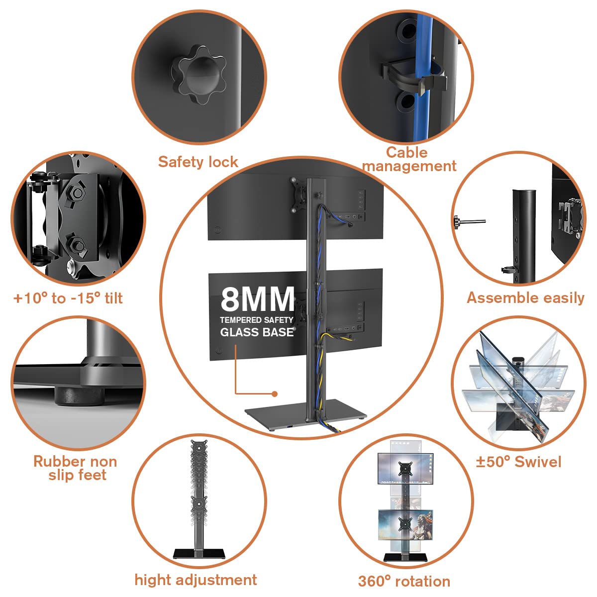 Dual Monitor Stand - Vertical Stack Screen Free-Standing Monitor Riser Fits Two 13 to 34 Inch Screen & Clear Tempered Glass Computer Monitor Riser with Height Adjustable Multi Media Desktop Stand