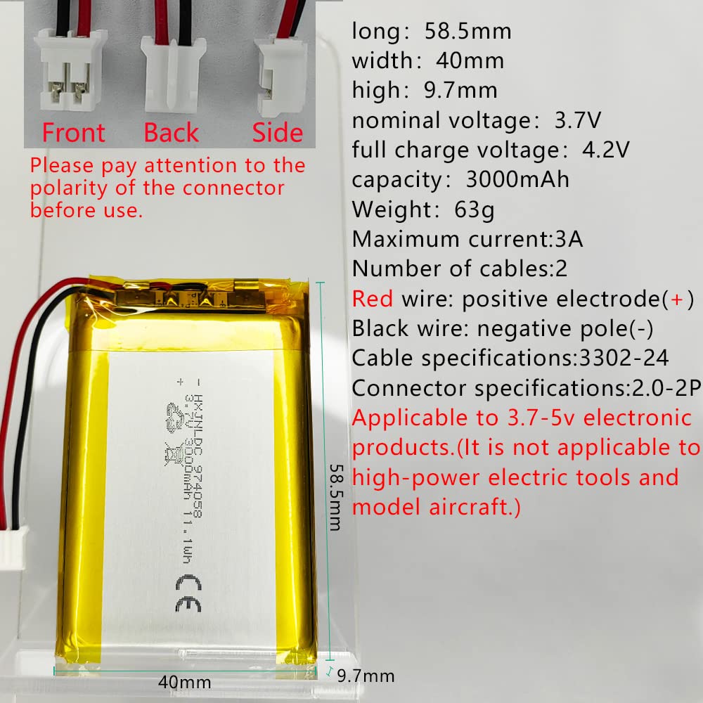 HXJNLDC DC 3.7V 3000mAh 974058 Rechargeable Lithium Polymer Replacement Battery for DIY 3.7-5V Electronic Product, Mobile Energy Storage Power Supply