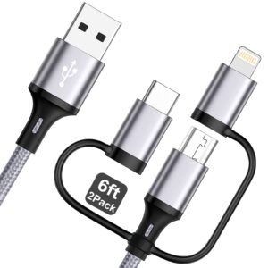 multi charging cable [6ft 2pack] 3 in 1 usb charger cable nylon braided fast charging cords chargers for multiple devices with lightning/type c/micro usb/iphone/ipads/samsung galaxy/ps/tablets &more