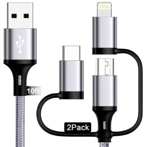 multi charging cable [10ft 2pack] 3 in 1 usb charger cable nylon braided fast charging cords chargers for multiple devices with lightning/type c/micro usb/iphone/ipads/samsung galaxy/ps/tablets &more