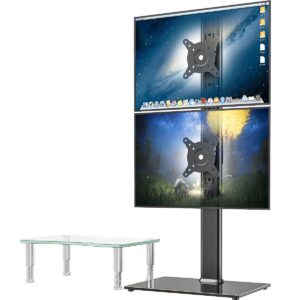 dual monitor stand - vertical stack screen free-standing monitor riser fits two 13 to 34 inch screen & clear tempered glass computer monitor riser with height adjustable multi media desktop stand