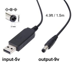 Sqrgreat USB to 9V Adapter - DC 5V to DC 9V Step Up Cable Cord with DC Jack 5.5 x 2.1mm for Fan, Table Lamp, Piano Keyboard, Bluetooth Audio, Wireless Router, Speakers & More(4.9ft) DC-5V-to-9V