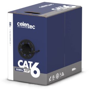 celertec cat6 shielded cable, 500ft, ftp (overall foil shield), 23awg solid bare copper, 550mhz, etl listed &cmr riser rated, indoor, bulk ethernet cable, black