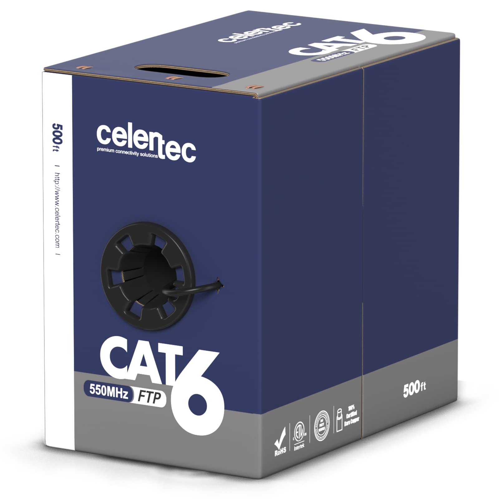 celertec CAT6 Shielded Cable, 500ft, FTP (Overall Foil Shield), 23AWG Solid Bare Copper, 550MHz, ETL Listed &CMR Riser Rated, Indoor, Bulk Ethernet Cable, Black