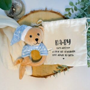 Baby Wooden Rattle Teething Ring, Baby Rattles 0-6 Months, Baby Montessori Newborn Toys, Stuffed Animal Gift for Baby Boy, Baby Teddy Bear (Blue)