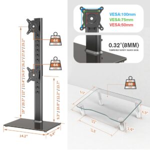 Dual Monitor Stand - Vertical Stack Screen Free-Standing Monitor Riser Fits Two 13 to 34 Inch Screen & Clear Tempered Glass Computer Monitor Riser with Height Adjustable Multi Media Desktop Stand