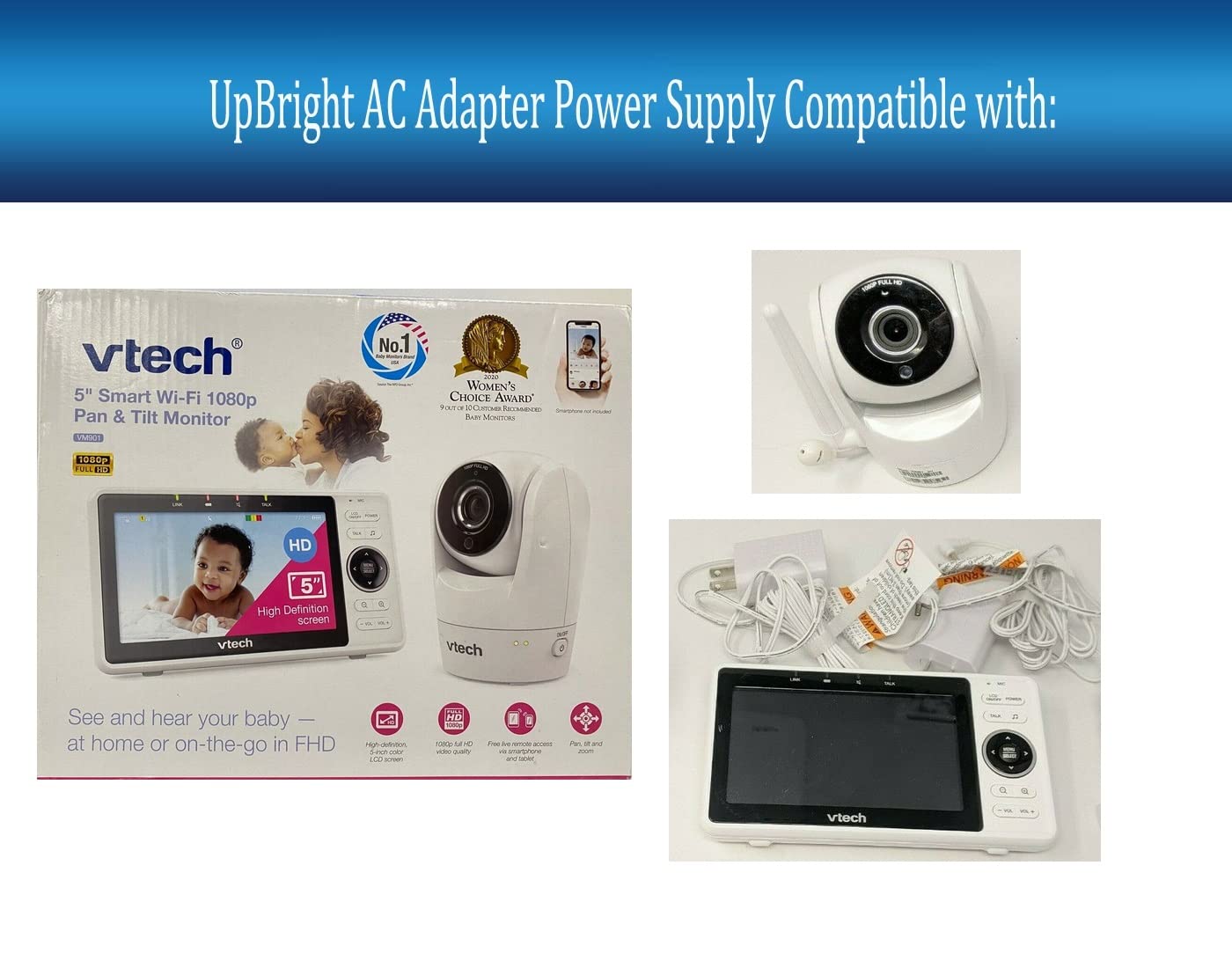 UpBright 5V AC/DC Adapter Compatible with VTech VM901 5" Smart Wi-Fi 1080p Pan Tilt Video Baby Monitor VM 901 BU Camera PU Parent LCD VTPL VT05EUS05100 5VDC 1A 5.0V 1.0A Power Supply Charger (Barrel)