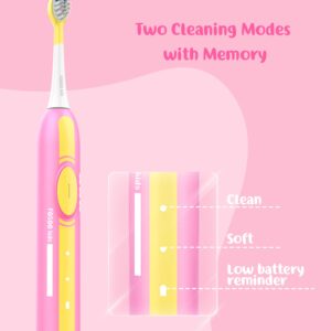 FOSOO Kids Electric Toothbrushes, Electric Toothbrush Kids Sonic Rechargeable 180 Days Battery Life,2 Modes with Memory,IPX7 Waterproof,2 Minutes Built-in Smart Timer for Ages 3+,4 Brush Heads (Pink)