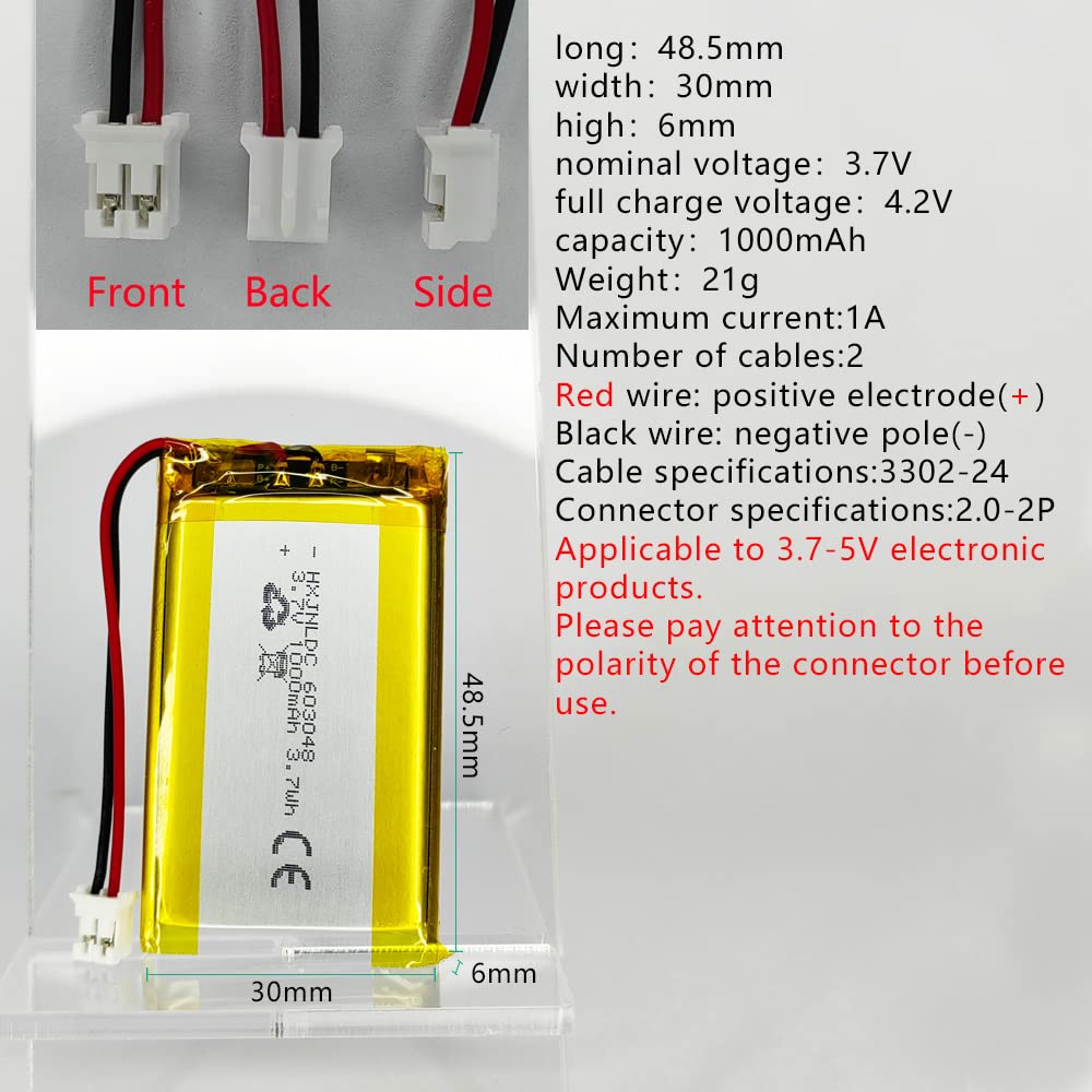 HXJNLDC DC 3.7V 1000mAh 603048 Rechargeable Lithium Polymer Replacement Battery for DIY 3.7-5V Electronic Product