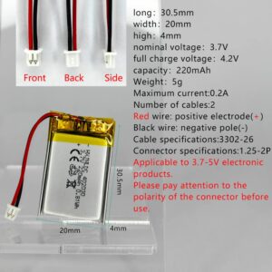 HXJNLDC DC 3.7V 220mah 402030 Rechargeable Lithium Polymer Replacement Battery for DIY 3.7-5V Electronic Product, Bluetooth Headset, Watch