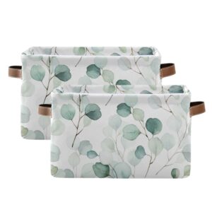 Wamika Leaves Flowers Storage Basket, Green and White Boho Botanical Foldable Storage Bins, 16x12x8 Inches, Durable Canvas Material, Easy to Clean, Collapsible for Space-Saving Storage