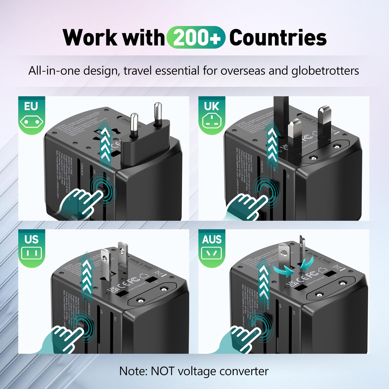 International European Travel Plug Adapter - Universal Travel Plug Adapter Wall Charger for US EU UK Europe Spain Australia Switzerland Ireland Italy Worldwide 2 Type-A and 2 Type-C Black