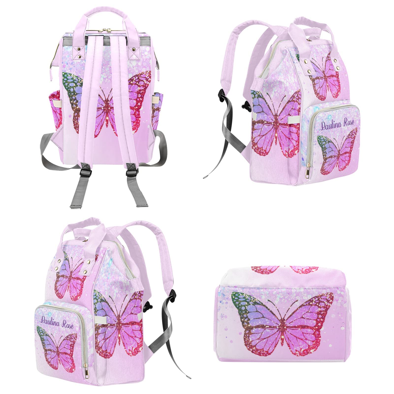 Purple Butterfly Girl Personalized Diaper Backpack with Name,Custom Travel DayPack for Nappy Mommy Nursing Baby Bag One Size