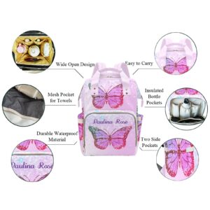 Purple Butterfly Girl Personalized Diaper Backpack with Name,Custom Travel DayPack for Nappy Mommy Nursing Baby Bag One Size