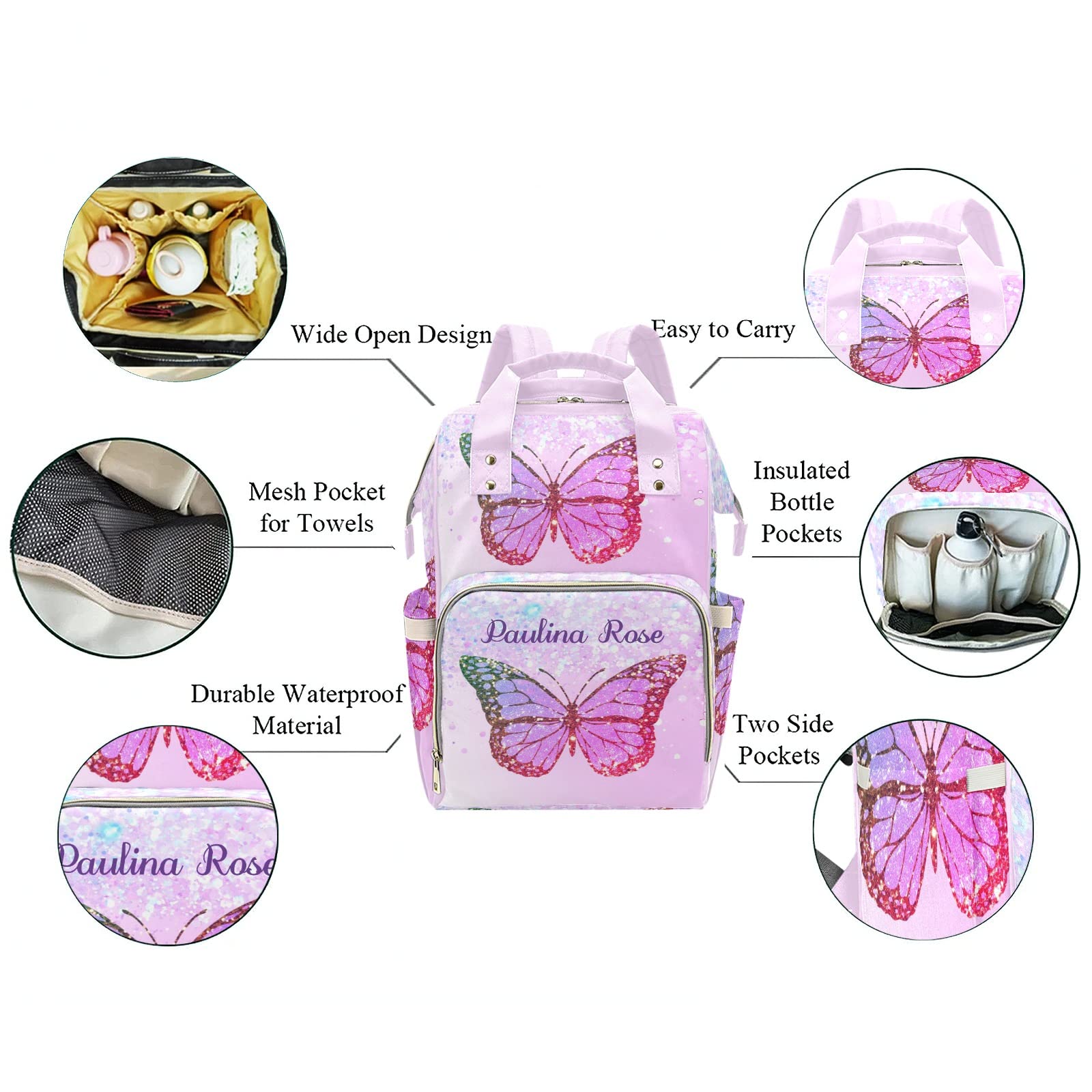 Purple Butterfly Girl Personalized Diaper Backpack with Name,Custom Travel DayPack for Nappy Mommy Nursing Baby Bag One Size