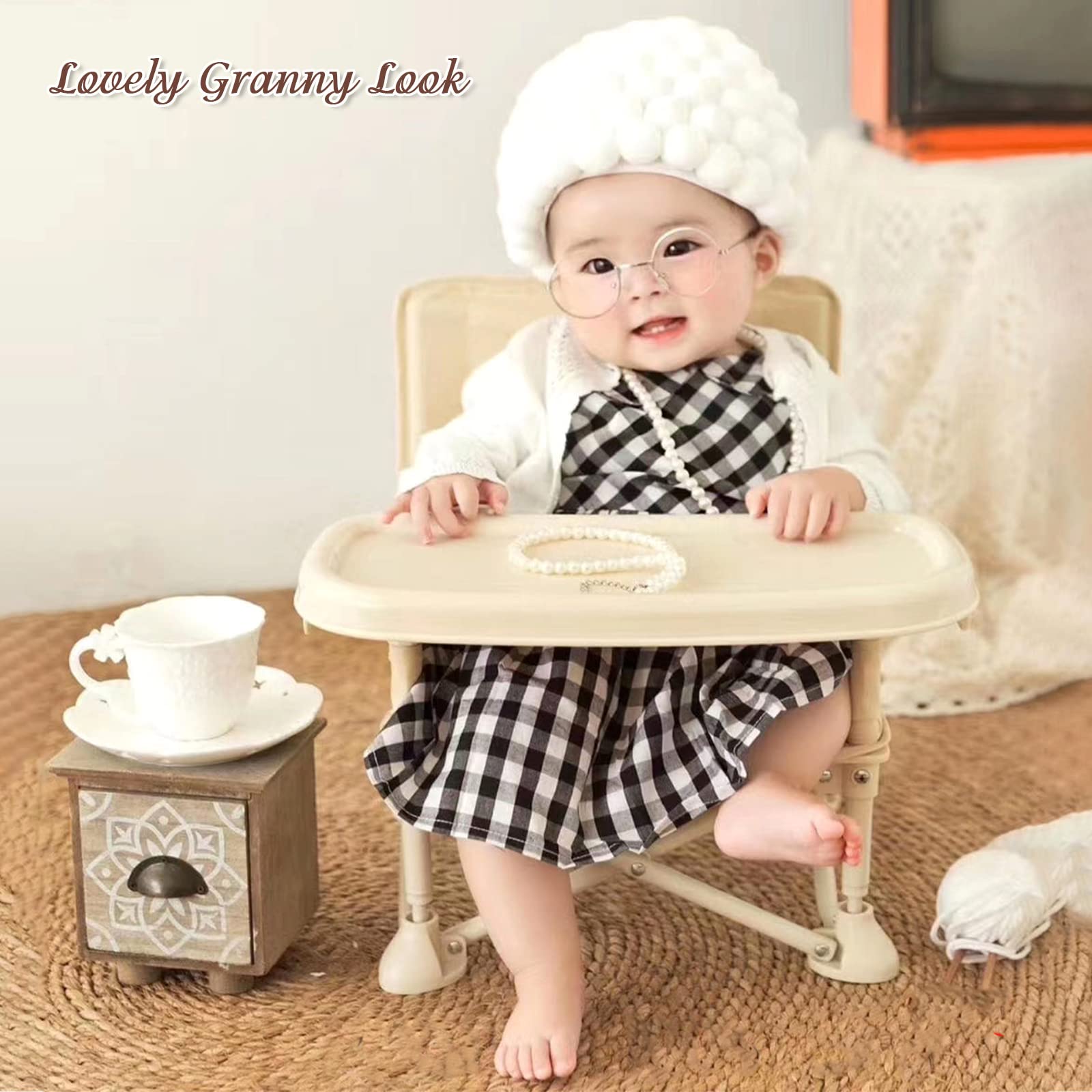 SPOKKI Newborn Photography Props 7 Pcs Old Lady Cosplay Newborn Girl Photoshoot Outfits, Cute Grandma Costume for Baby Girls Studio Shoots Photo Props