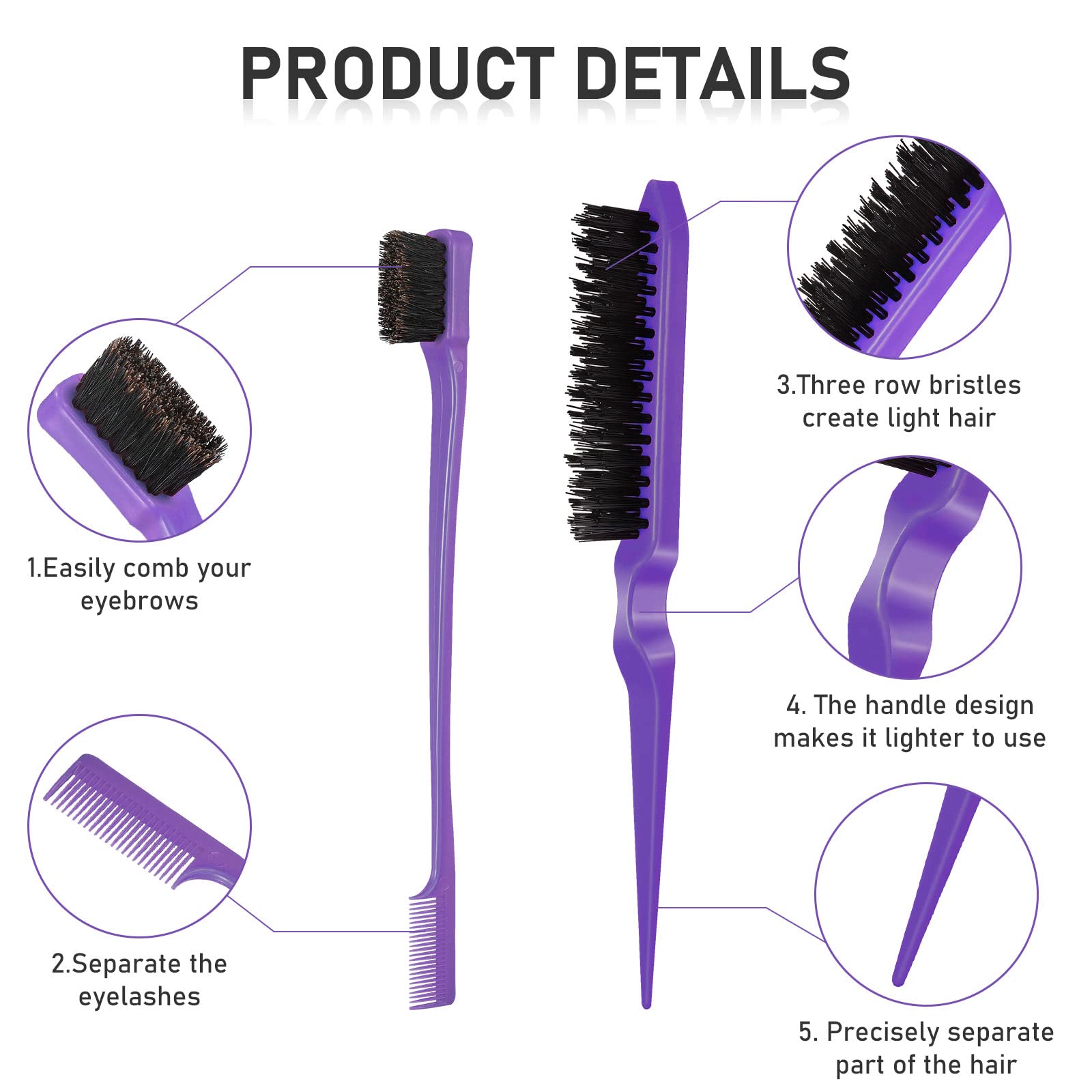 12 Piece Nylon Brushes Set for Grooming - Salon Teasing Brush, Double-Sided Edge Brush, Smooth Comb, Rat Tail Combs with Duckbill Clips for Women and Girls (Purple, Black)