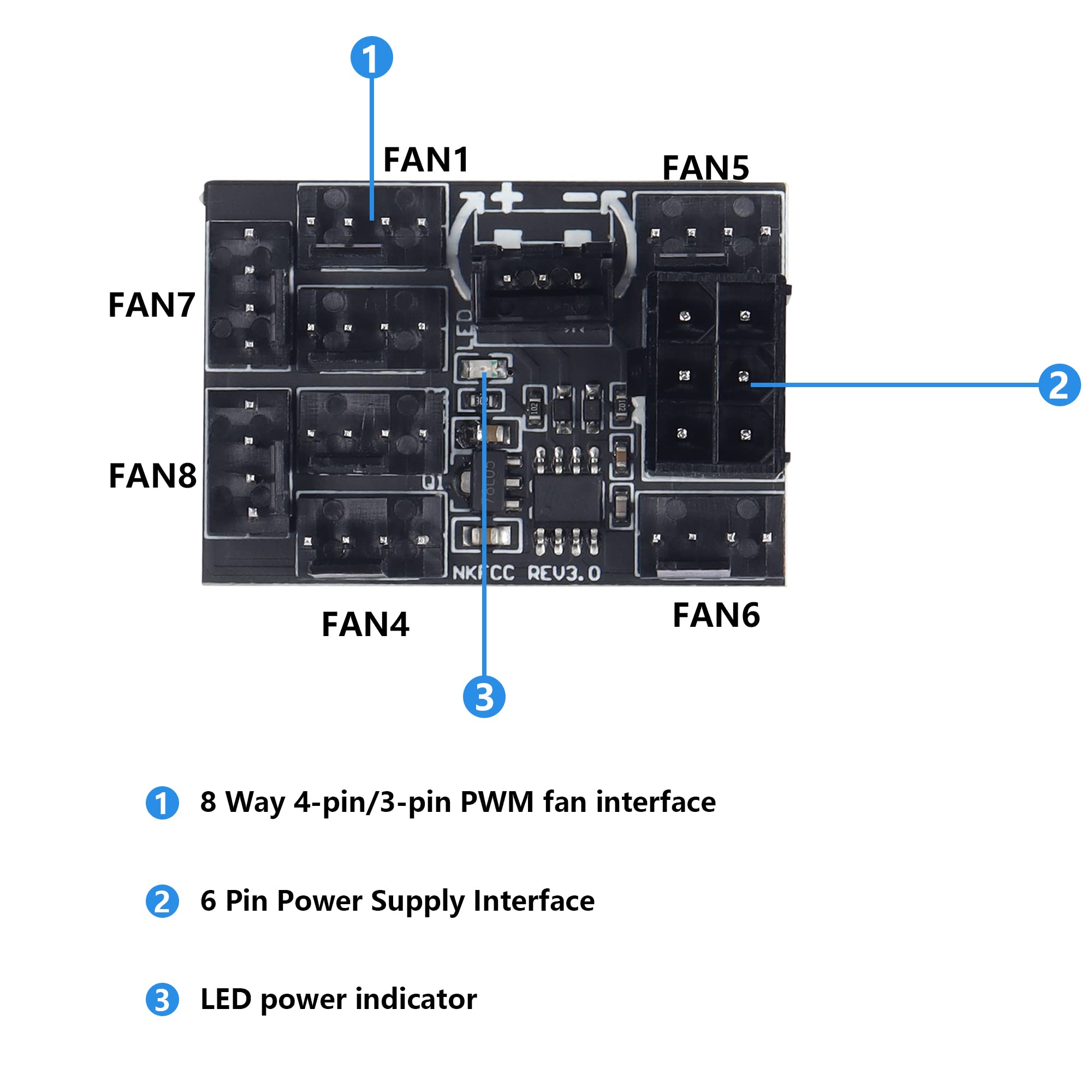 SinLoon 3 Pin 4 Pin Fan Adapter PWM PC Chassis Cooling Fan Hub，Chassis Fan Pressure Regulating Governor，8 Way Splitter 12V Speed Controller with 6 Pin Power Port（8 Way with Cable Black ）