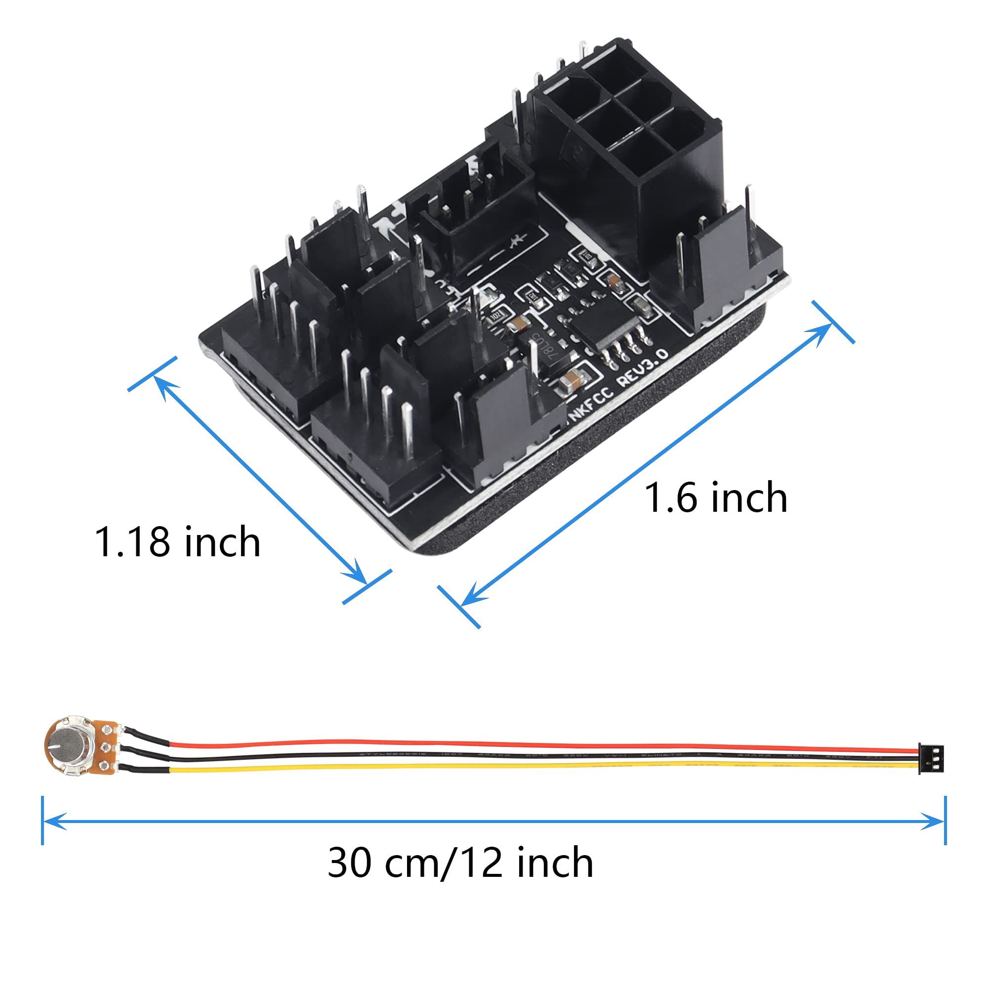 SinLoon 3 Pin 4 Pin Fan Adapter PWM PC Chassis Cooling Fan Hub，Chassis Fan Pressure Regulating Governor，8 Way Splitter 12V Speed Controller with 6 Pin Power Port（8 Way with Cable Black ）