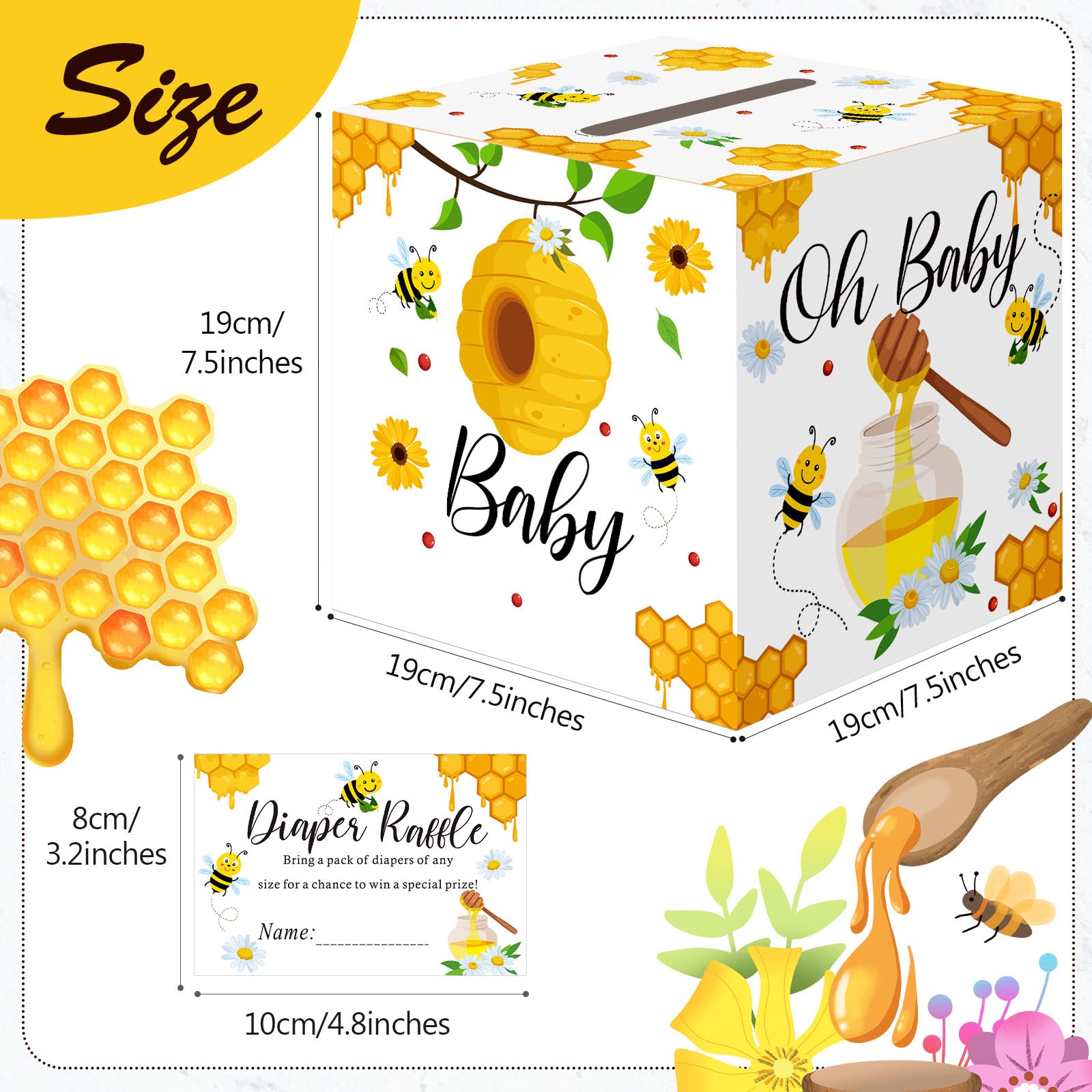 51 Pcs Bee Diaper Raffle Card Box Set Baby Shower Holder Box with 50 Pcs Bee Baby Shower Advice Card for Baby Shower Game Gender Reveal Party Decoration Mommy to Bee Dady to Bee Party Suppires