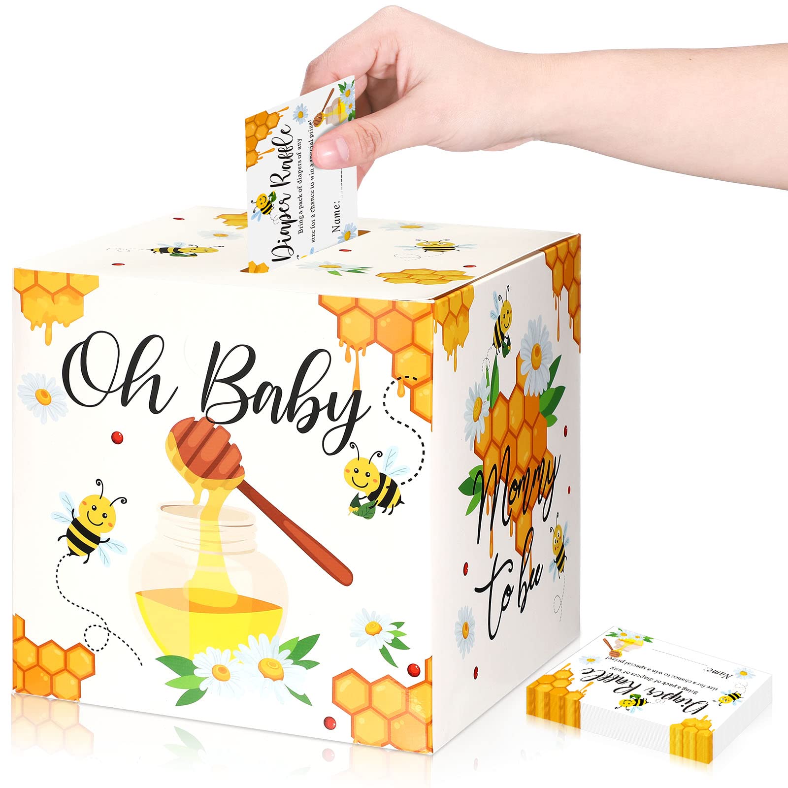 51 Pcs Bee Diaper Raffle Card Box Set Baby Shower Holder Box with 50 Pcs Bee Baby Shower Advice Card for Baby Shower Game Gender Reveal Party Decoration Mommy to Bee Dady to Bee Party Suppires