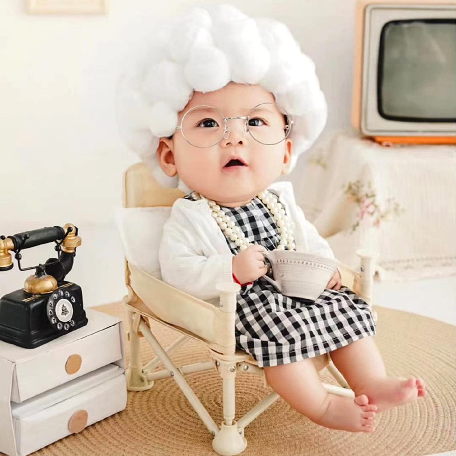 SPOKKI Newborn Photography Props 7 Pcs Old Lady Cosplay Newborn Girl Photoshoot Outfits, Cute Grandma Costume for Baby Girls Studio Shoots Photo Props