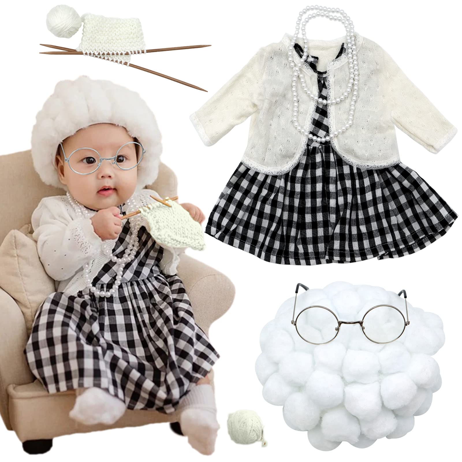 SPOKKI Newborn Photography Props 7 Pcs Old Lady Cosplay Newborn Girl Photoshoot Outfits, Cute Grandma Costume for Baby Girls Studio Shoots Photo Props