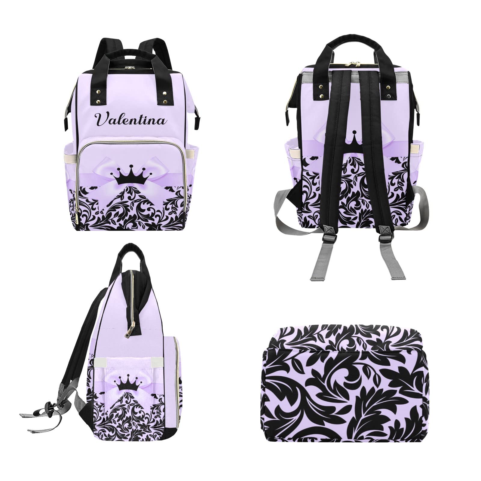 Personalized Diaper Bag Backpack Tote,Princess Bow Black Purple,Custom Diaper Bags for Shower Gift