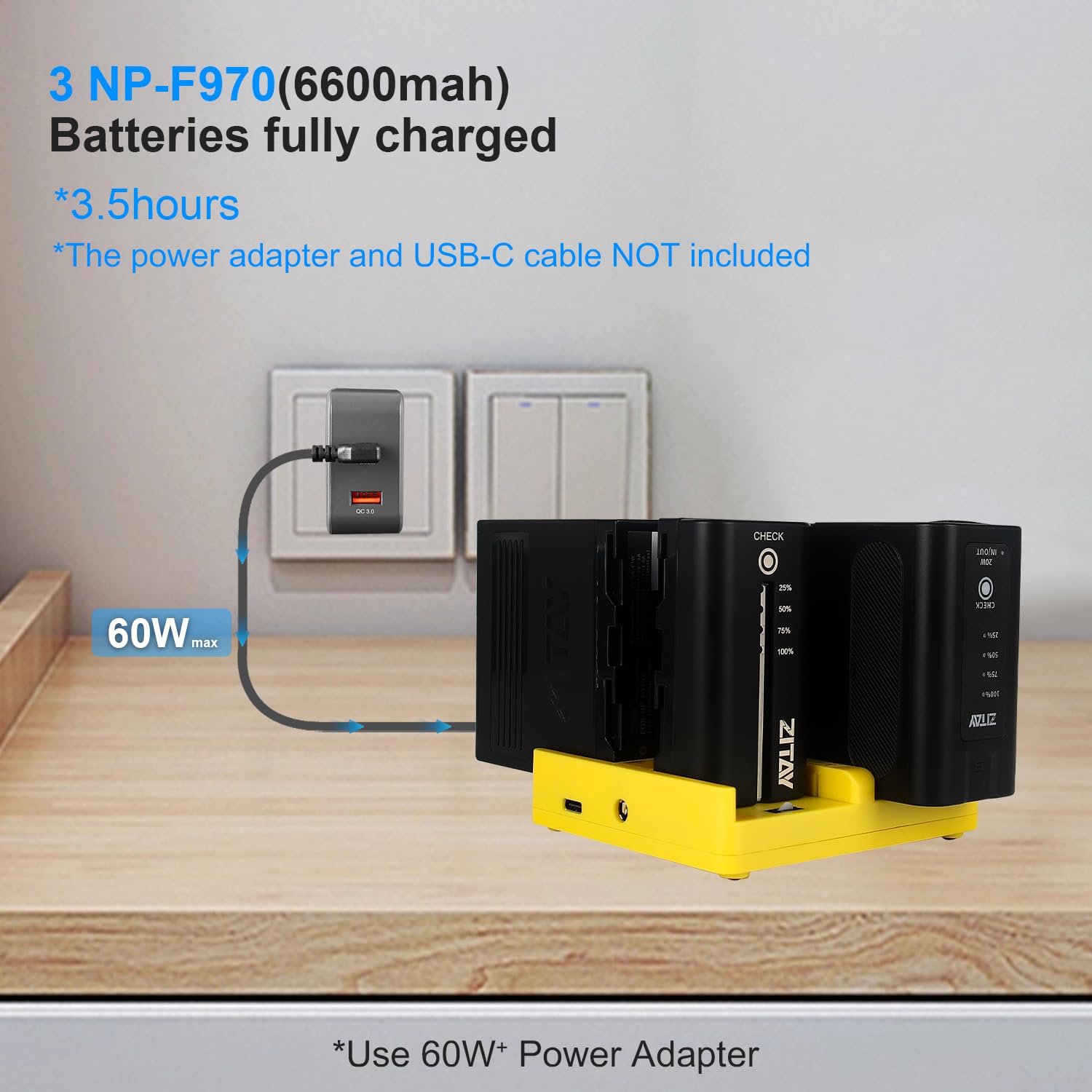 ZITAY 4 Channel NPF Battery Charger, Smart 4Bay PD 60W Fast Charger 4 Slot Simultaneous Charging Hub Fast Charger Compatible for Sony NP F970, F550, F570, F750, F980, F770, F960, F530, F330, 6KPRO