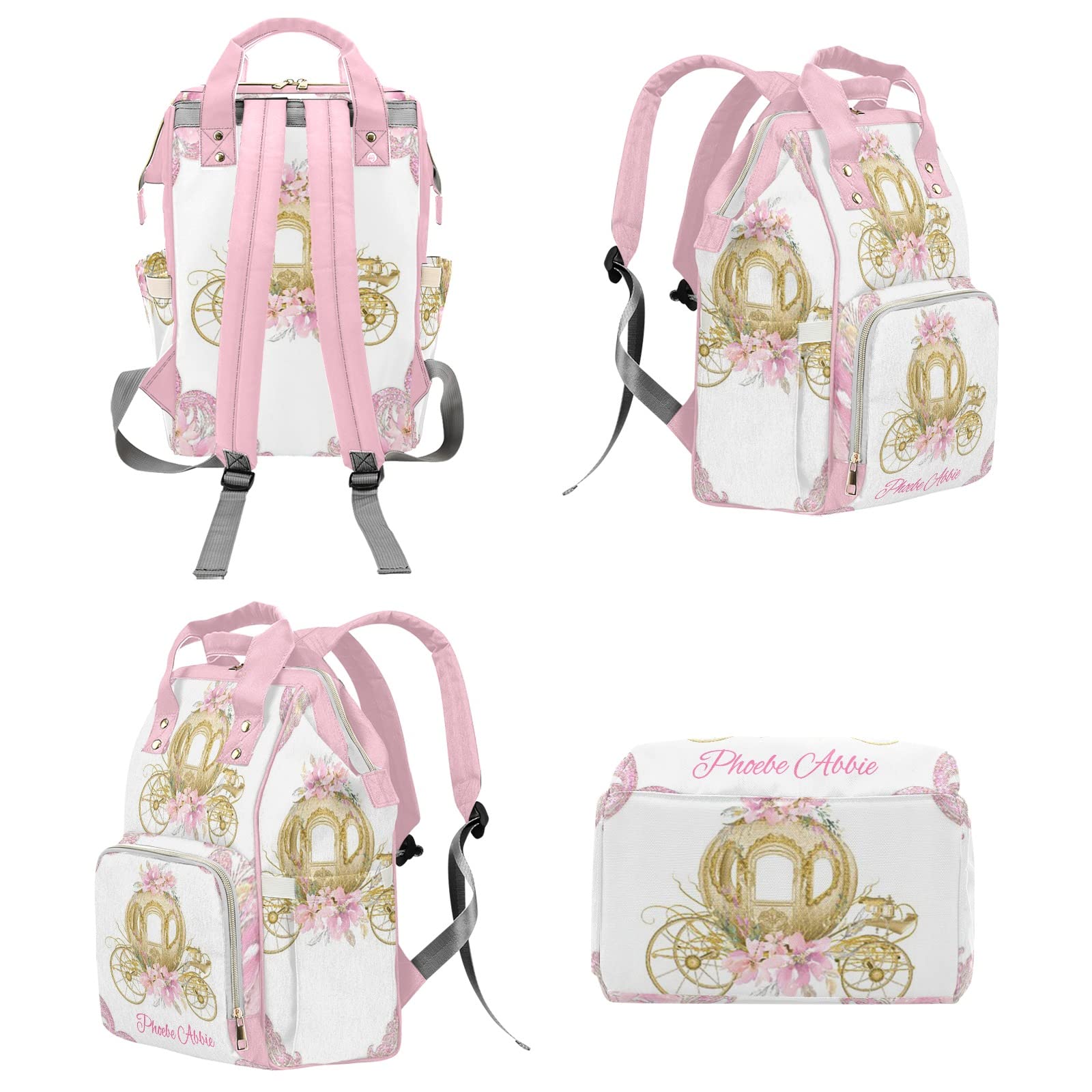 Pink Gold Car Floral Personalized Diaper Backpack with Name,Custom Travel DayPack for Nappy Mommy Nursing Baby Bag One Size