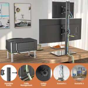 Dual Monitor Stand - Vertical Stack Screen Free-Standing Monitor Riser Fits Two 13 to 34 Inch Screen & Clear Tempered Glass Computer Monitor Riser with Height Adjustable Multi Media Desktop Stand