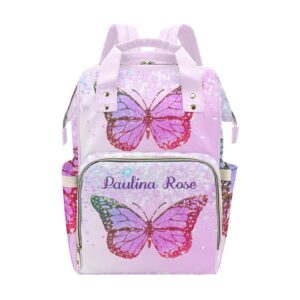 purple butterfly girl personalized diaper backpack with name,custom travel daypack for nappy mommy nursing baby bag one size