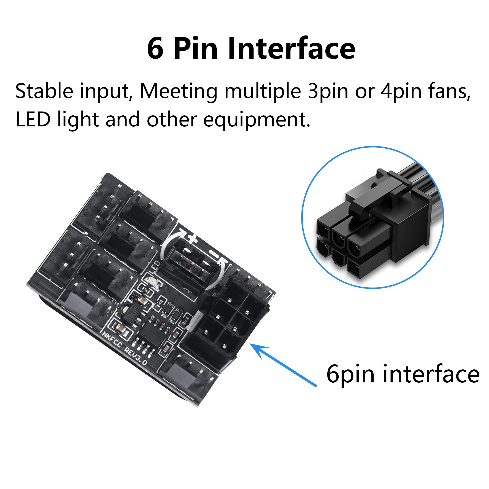 SinLoon 3 Pin 4 Pin Fan Adapter PWM PC Chassis Cooling Fan Hub，Chassis Fan Pressure Regulating Governor，8 Way Splitter 12V Speed Controller with 6 Pin Power Port（8 Way with Cable Black ）