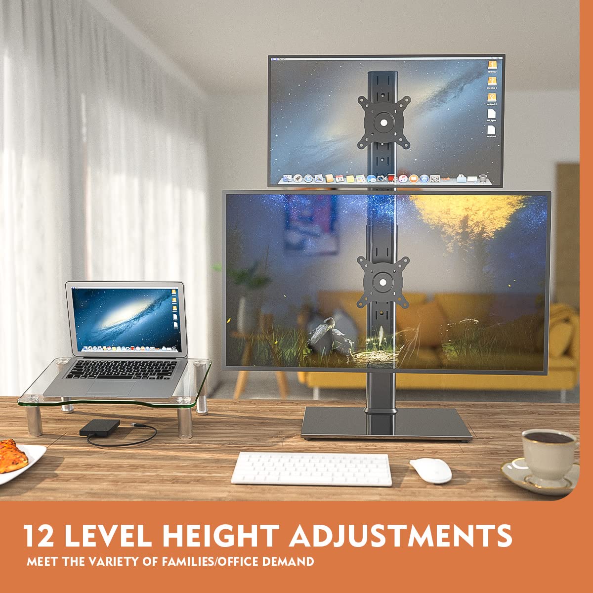 Dual Monitor Stand - Vertical Stack Screen Free-Standing Monitor Riser Fits Two 13 to 34 Inch Screen & Clear Tempered Glass Computer Monitor Riser with Height Adjustable Multi Media Desktop Stand