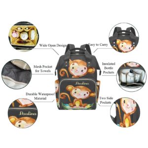 Watercolor Monkey Tropical Personalized Diaper Backpack with Name,Custom Travel DayPack for Nappy Mommy Nursing Baby Bag One Size