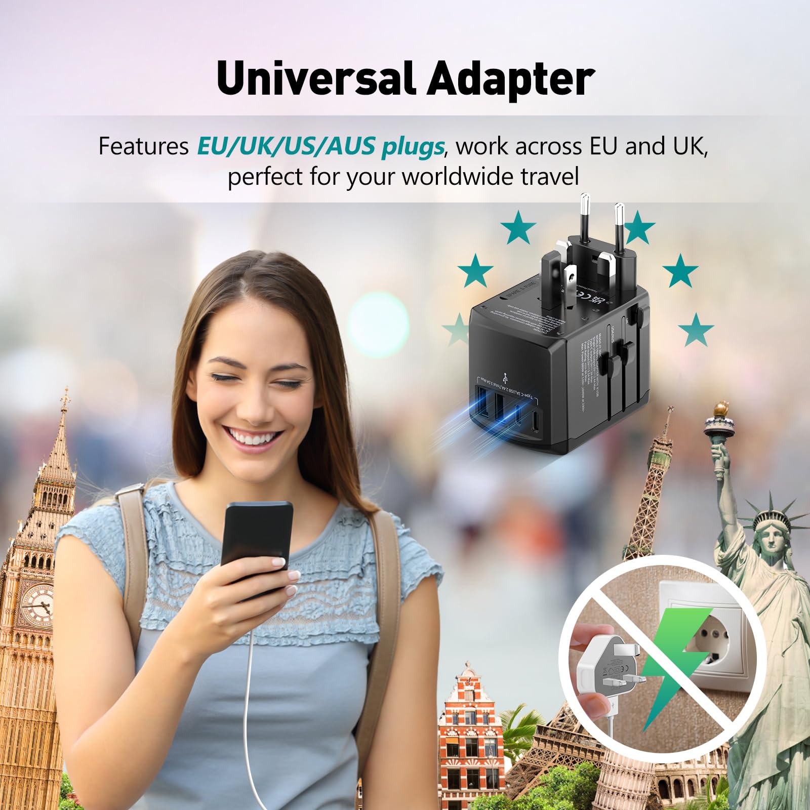 International European Travel Plug Adapter - Universal Travel Plug Adapter Wall Charger for US EU UK Europe Spain Australia Switzerland Ireland Italy Worldwide 2 Type-A and 2 Type-C Black