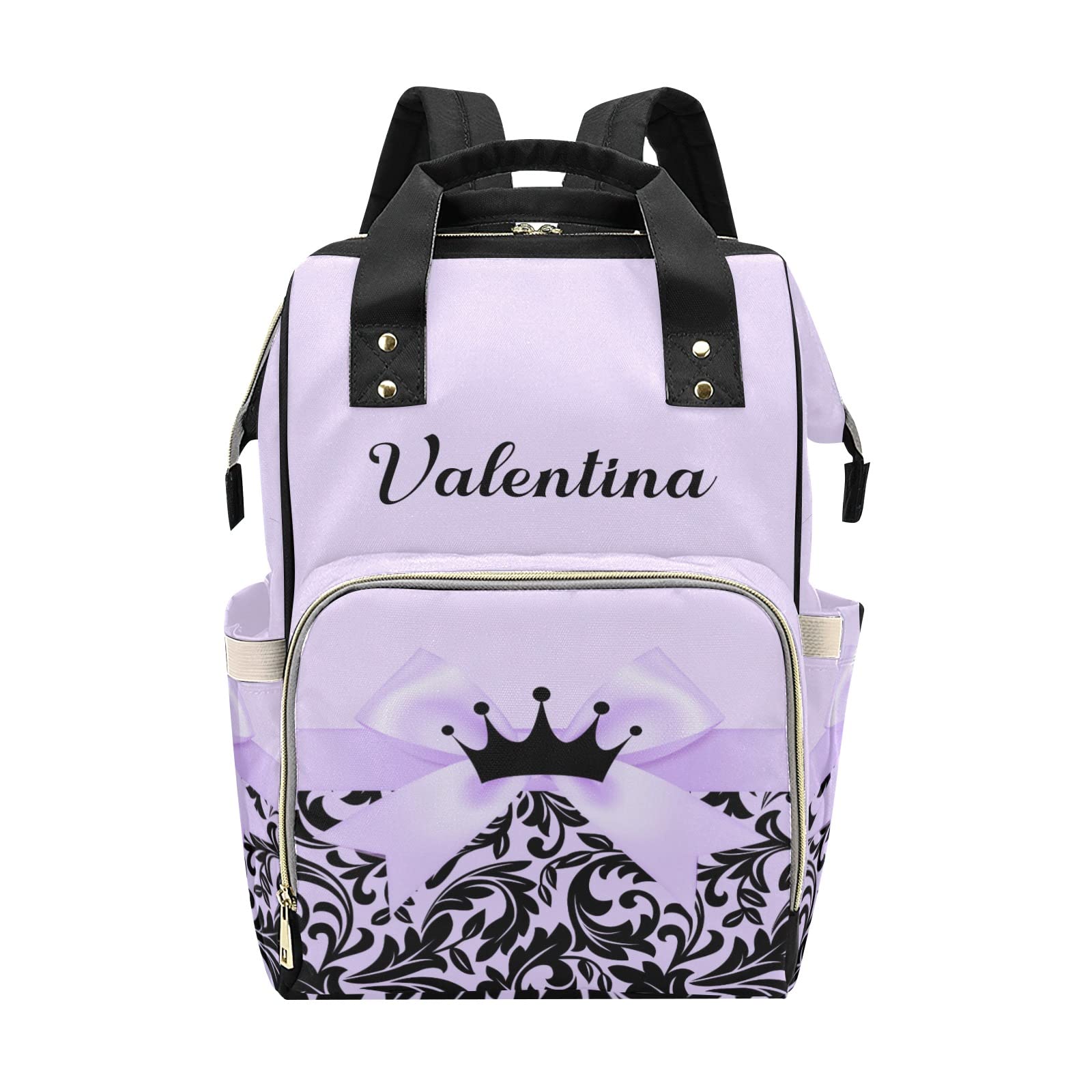 Personalized Diaper Bag Backpack Tote,Princess Bow Black Purple,Custom Diaper Bags for Shower Gift