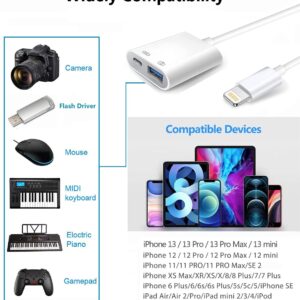 Apple Lightning to USB Camera Adapter with Charging Port, USB 3.0 OTG Cable for iPhone/iPad to Connect Card Reader, USB Flash Drive, U Disk, Keyboard, Mouse, Hubs, MIDI, Plug & Play