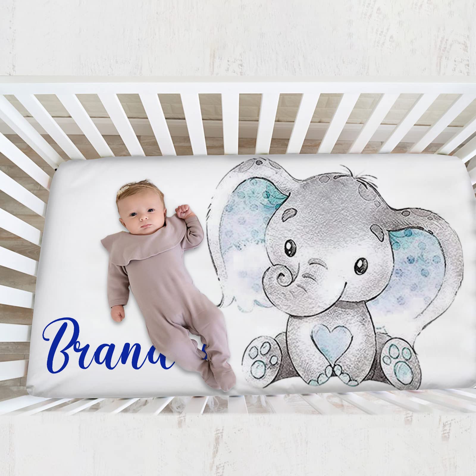 Munific Elephant Baby Crib Sheet, Personalized Fitted Crib Bedding Sheet Blue with Name, Custom Pack and Play Sheets, Crib Mattress Sheets for Baby Boys, Mini Crib Sheet | Name Crib Sheets