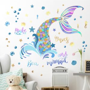 buiory removable colorful mermaid tail and lettering be a mermaid and make waves wall stickers ocean style blister animals wall decals 3d peel and stick wall decor for nursery baby bedroom playroom