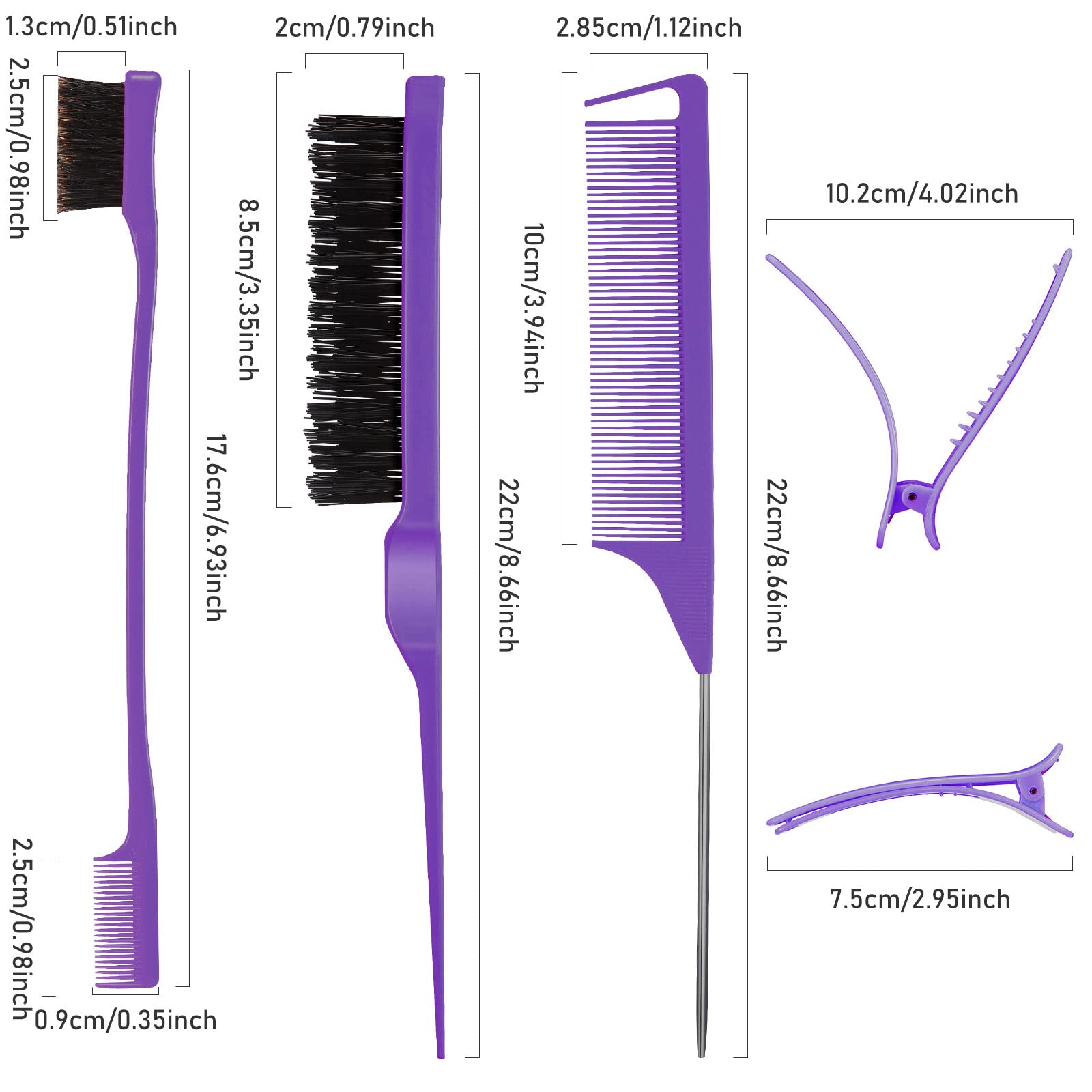 12 Piece Nylon Brushes Set for Grooming - Salon Teasing Brush, Double-Sided Edge Brush, Smooth Comb, Rat Tail Combs with Duckbill Clips for Women and Girls (Purple, Black)