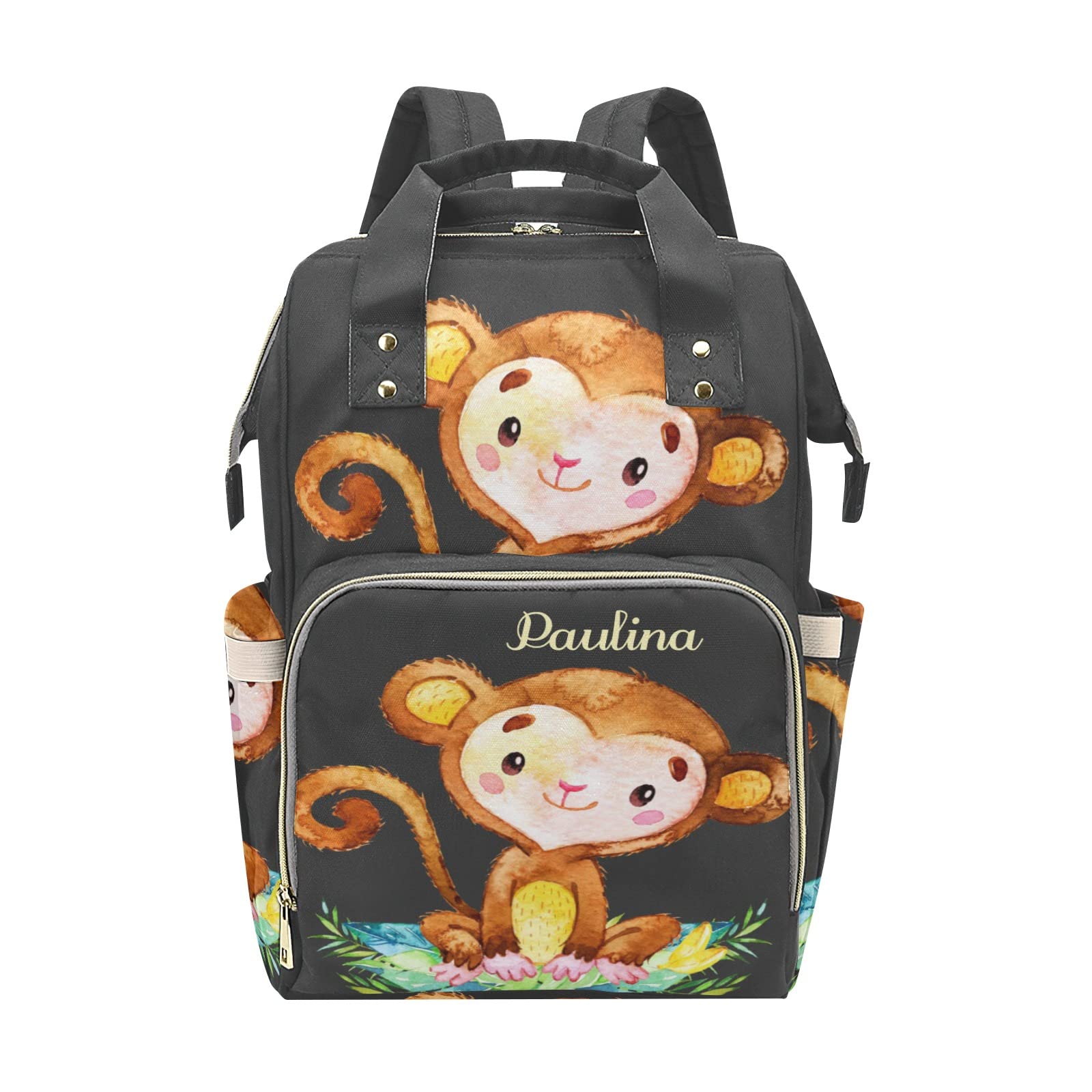 Watercolor Monkey Tropical Personalized Diaper Backpack with Name,Custom Travel DayPack for Nappy Mommy Nursing Baby Bag One Size