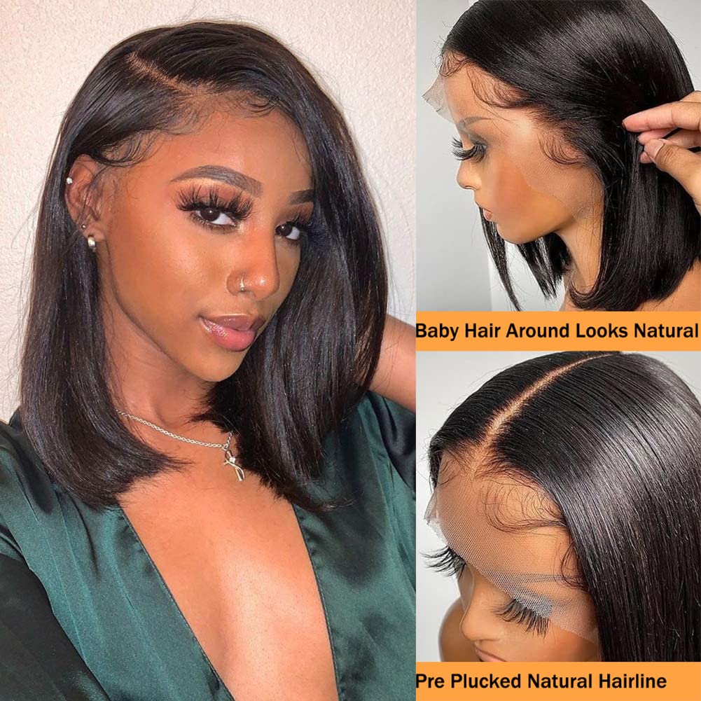 Sogram Bob Wig Human Hair Straight 12 Inch 13x4 Lace Front Wigs Human Hair 180% Density Pre Plucked with Baby Hair Short Bob Transparent Lace Frontal Wigs for Black Women