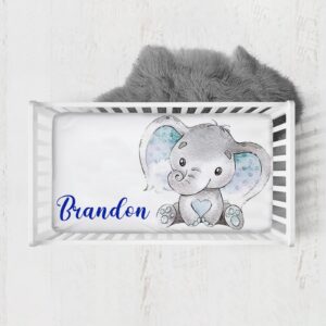 munific elephant baby crib sheet, personalized fitted crib bedding sheet blue with name, custom pack and play sheets, crib mattress sheets for baby boys, mini crib sheet | name crib sheets