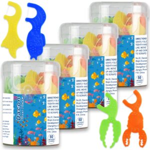 dacon kids flossers, kids dental floss picks without fluoride, unflavored, 4 colors ocean animals shaped makes flossing fun, 50 count (pack of 4)