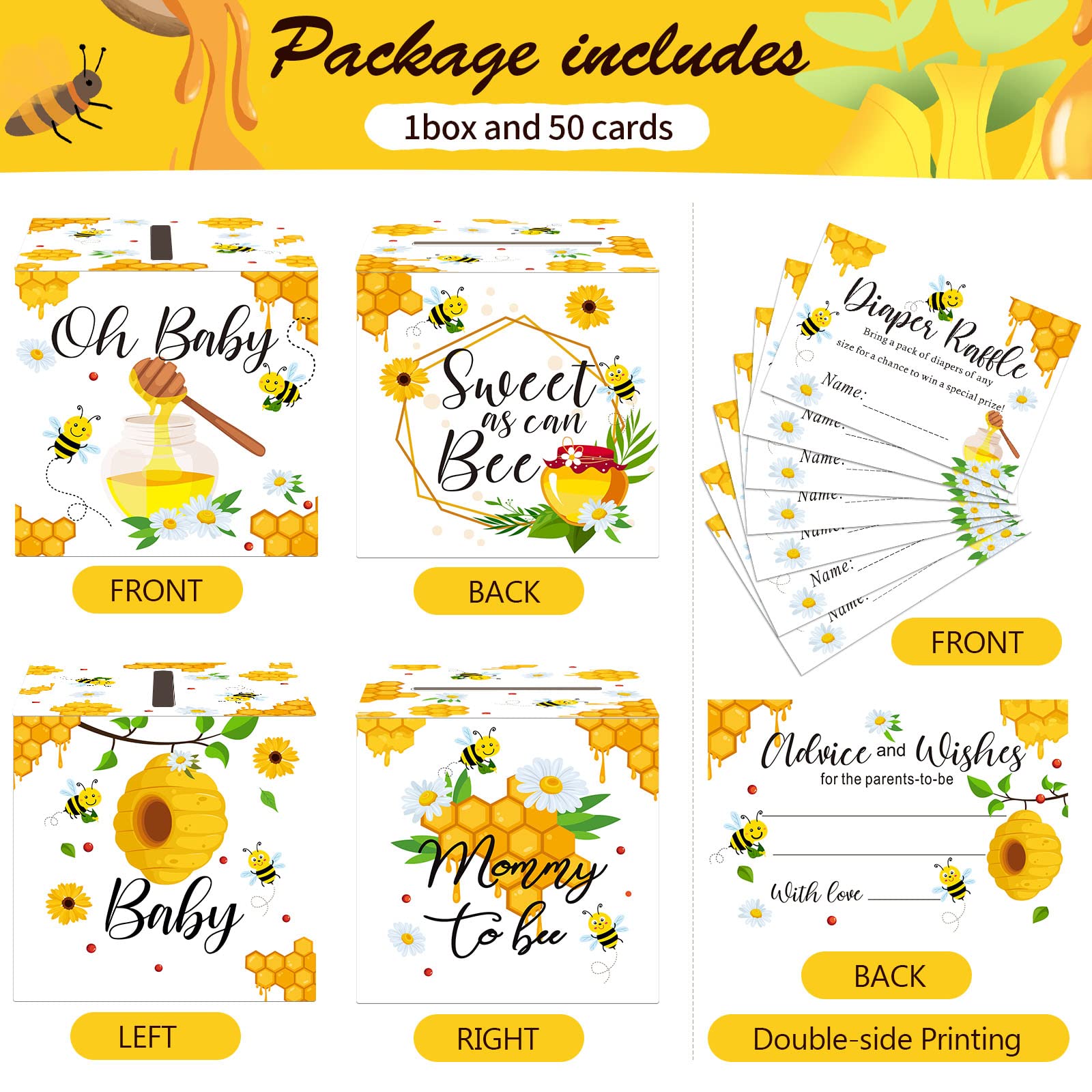 51 Pcs Bee Diaper Raffle Card Box Set Baby Shower Holder Box with 50 Pcs Bee Baby Shower Advice Card for Baby Shower Game Gender Reveal Party Decoration Mommy to Bee Dady to Bee Party Suppires