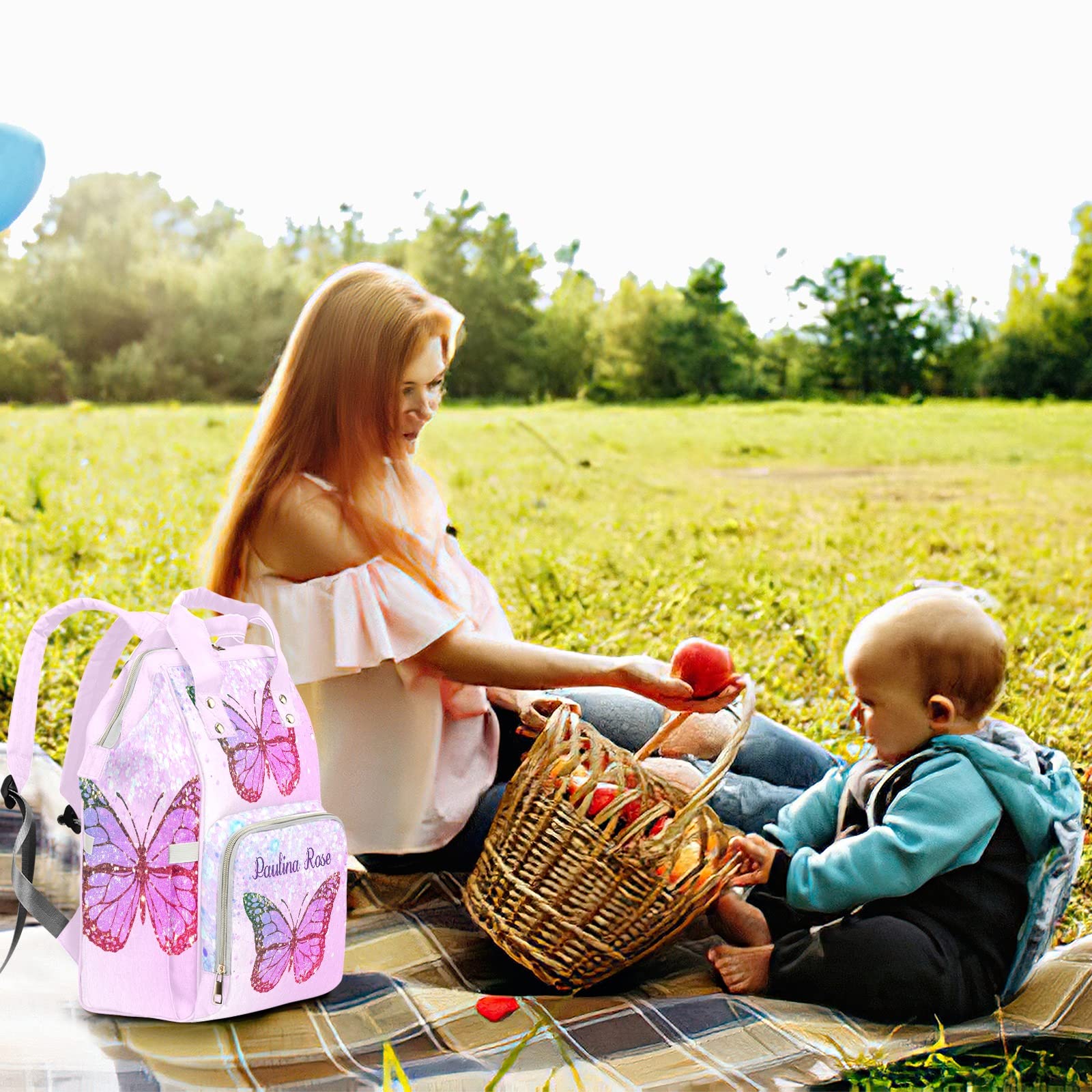 Purple Butterfly Girl Personalized Diaper Backpack with Name,Custom Travel DayPack for Nappy Mommy Nursing Baby Bag One Size