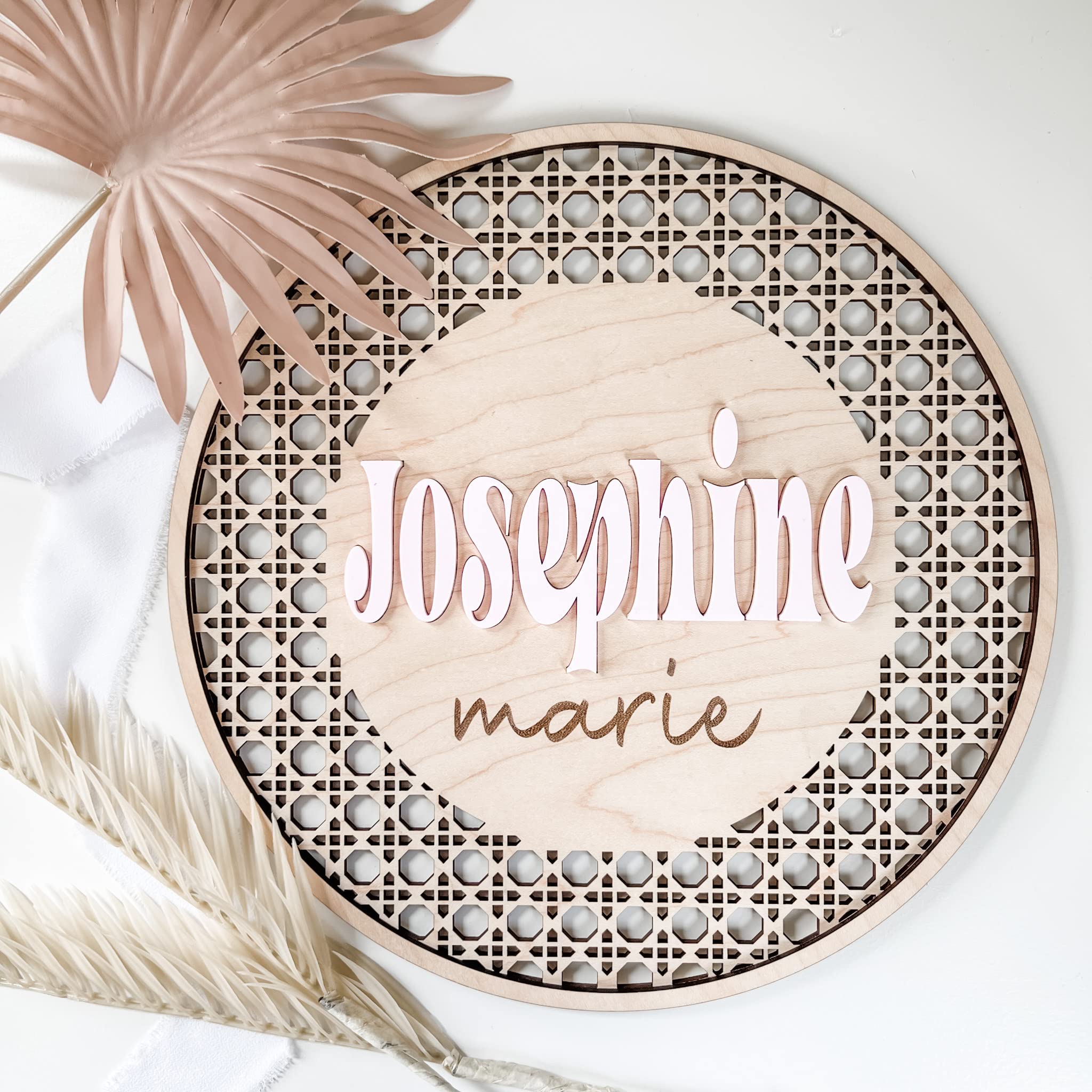 Custom Boho Wood & Acrylic Personalized Name Sign, 3D Layered Handmade Rattan Wall Decor for Nursery or Child's Bedroom - Gift for Baby Shower, Newborn, Girl or Boy's Birthday